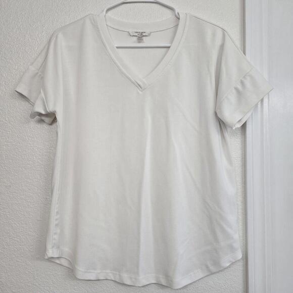Cable & Gauge Ruffle Sleeve White Top Blouse Size Small Soft Vneck Office Work - Picture 1 of 7